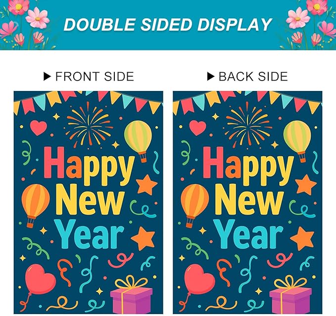 Happy New Year House Flag 28x40 Inch Double Sided Garden Flag Hot Air Balloon Gift Box and Confetti Design Winter Holiday Yard Banner Large Outdoor Flag for Porch Lawn Home Decoration