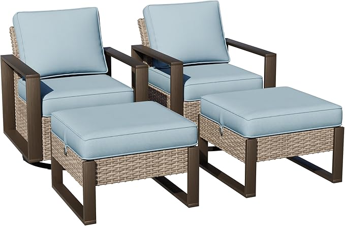 Joyside Outdoor Patio Swivel Rocker Chairs, 4 Pieces Wicker Furniture Set, 2 Swivel Rocking Chairs and 2 Ottoman, Metal Wide Armrest, Thick Cushions and Deep Seating for Garden, Backyard, Porch, Deck