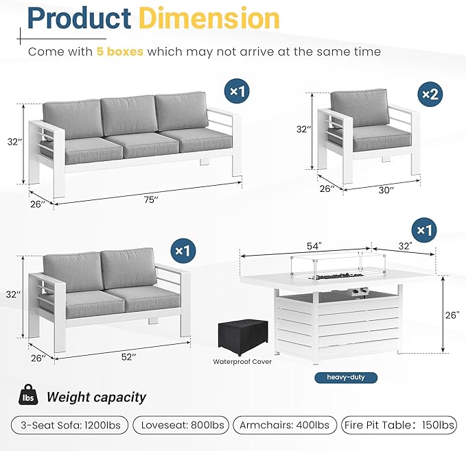 Wisteria Lane Aluminum Patio Furniture Set, 7 Seats Metal Outdoor Furniture Set with CSA Certified 54in Propane Gas Fire Pit Table, Patio Conversation Set with 5in Olefin Cover Cushions (White)