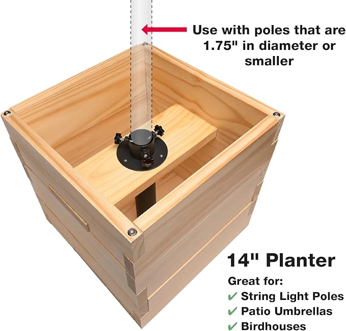 Large Decorative Wooden Planter w/ Universal Pole Support for String Light Poles, Umbrellas, Bird Feeders. Solid Wood Outdoor Garden Patio Box For Plants(Does not include Pole), 14"x14"x14", Natural