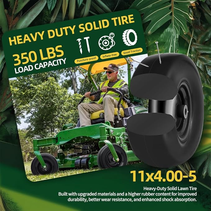 11x4.00-5 Lawn Mower Tires Flat Free (2 Pack),Universal 11x4-5 Solid Smooth Tractor Turf Tire with Rim, 3.4" Centered Hub and 3/4" & 5/8" Bushing, For Zero Turn Mowers and Riding Lawn Mower