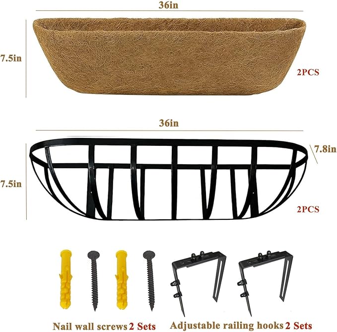 36 Inch Railing Planter Boxes 2 Pack Metal Window Box Planters with Coco Coir Liners, Horse Trough Planter with Adjustable Brackets for Deck Balcony Fence Porch Patio Outdoor Garden