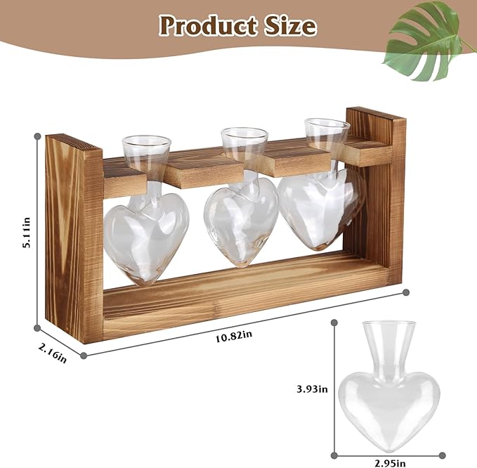 Zorpupoa Plant Propagation Station, Plant Terrarium with Wooden Stand, Tabletop Glass Planter Desktop Plants Propagation Vase for Hydroponics Plants - 3 Heart Shaped Vases