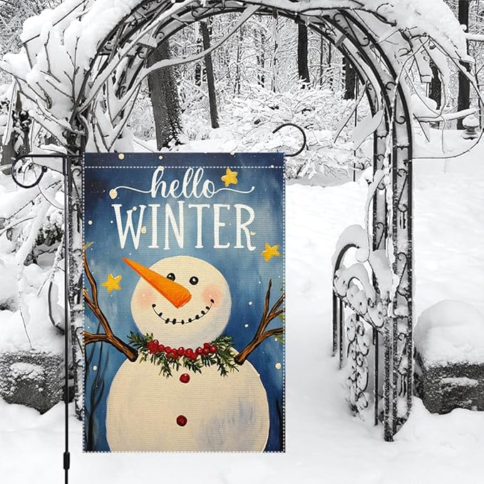 Winter Snowman Garden Flag Double Sided 12x18 Inch Small Burlap Outdoor Yard Decoration Seasonal Holiday Welcome Banner