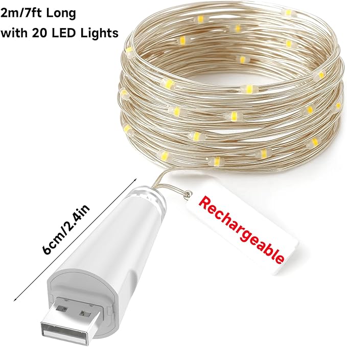 Rechargeable Fairy Lights - 7ft 20 LED String Lights, USB Rechargeable Battery Operated Twinkle Light for Mason Jars Wedding Decor Centerpiece Table Decorations Christmas