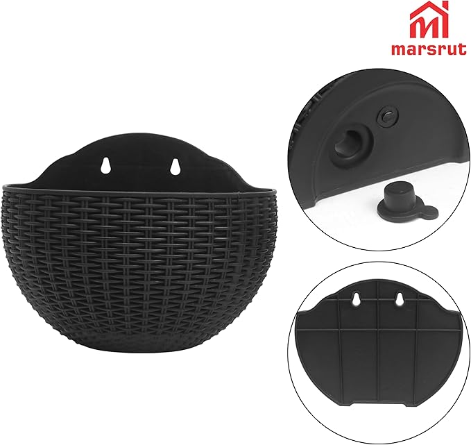 2pcs Semi Circle Hanging Wall Planter, Wall Mounted Half Round Flower Pot for Outdoor Indoor Decoration, Imitation Rattan Plastic Baskets Container with Hooks, Drainage, for Home Office Balcony Fence