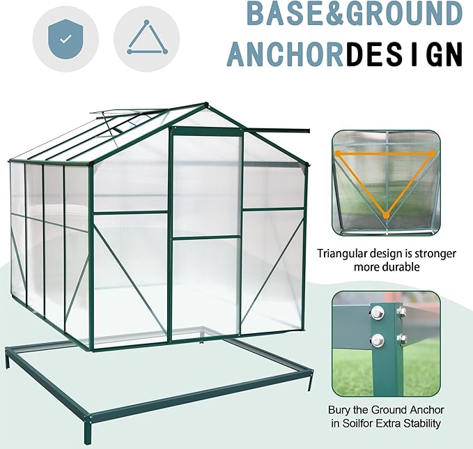 Favfurish 8x6 FT Greenhouses for Outdoors, Outside Heavy Duty Walk in Green House for Garden Plants, UV Protection Adjustable Roof Vent, Thermostatic Waterproof and Insect Resistant, Green