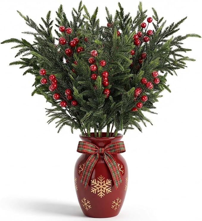 24 Pcs 23 Inch Christmas Realistic Norfolk Pine Branch Set with Red Berry Stems Artificial Green Plants Branches Faux Greenery Stem Fake Cedar Picks for Vase DIY Garland Wreath Home Decor