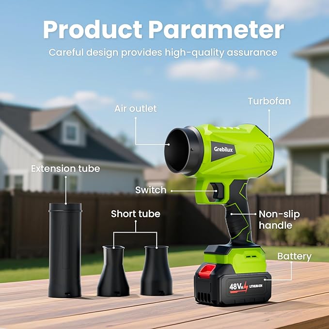 Leaf Blower Cordless, 48V Dual Batteries, 30000 RPM Turbo Jet Blower with Extended Nozzles, Digital Camera – 4K 64MP, 18X Zoom, Leaf/Car/Snow/Dust Cleaning in Patio & Yard, Green