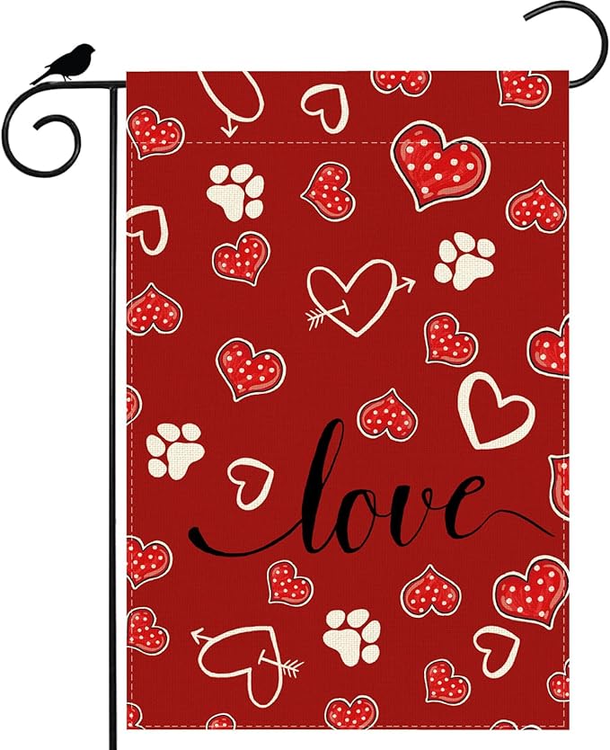 Red Love Heart Dog Paw Print Valentine’s Day Garden Flag Yard Flag 12x18 Inch Double Sided Small Mini Yard Outdoor Outside Holiday Decoration