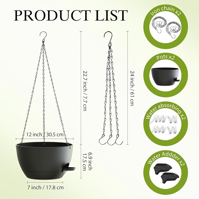 SQKH 12 Inch Hanging Baskets 2 PC with Chains, Self-Watering Hanging Planters for Indoor Outdoor Plants, Plastic Hanging Flower Pots,Black