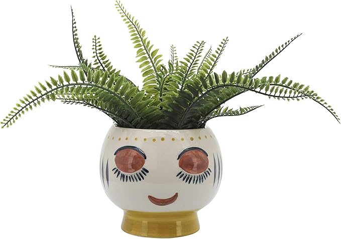 Stoneware Ceramic Planter Pot – Indoor Planter for Plants and Flowers, Shelf, Desk, or Patio Outdoor Decor, Art-Inspired Face Design for Modern Home Decor – 6", Ivory, Yellow, Blue Glaze
