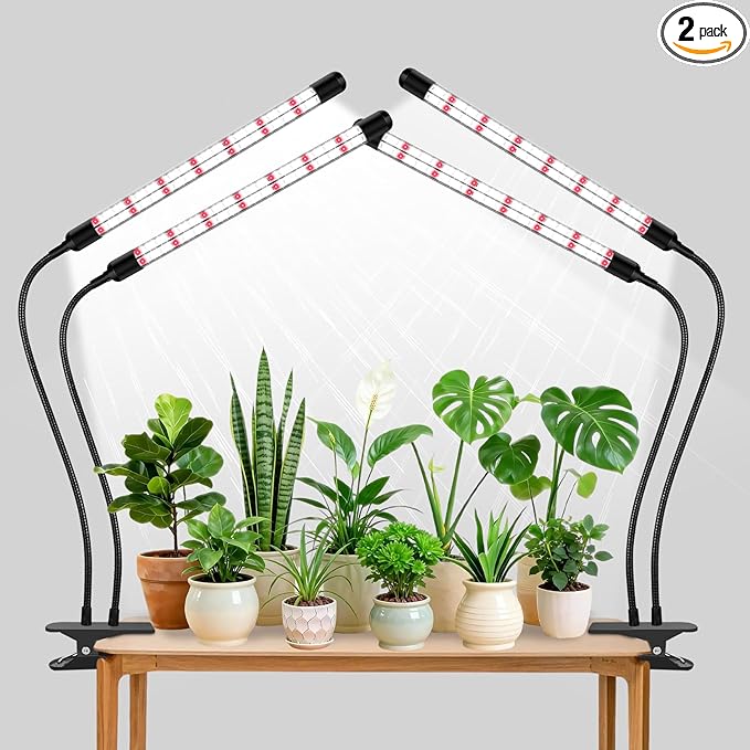 2 Heads Grow Lights for Seed Starting, Full Spectrum Grow Lights for Indoor Plants with 6/12/18H Timer, V-Shaped Design Light, 5 Dimmable Levels, Clip-on Desk for Indoor Plant Growing (2 Pack)