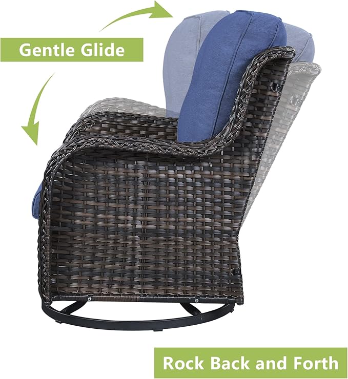 Rilyson Wicker Patio Furniture Set - 7 Piece Rattan Outdoor Sectional Conversation Sets with 2 Rocking Swivel Chairs,2 Ottomans,2 Sofa and 1 Coffee Table for Porch Deck Garden(Brown/Blue)