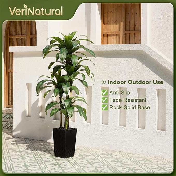 VeriNatural Artificial Dracaena Tree 6FT - Fake Tree with Black Taper Planter & Pebbles - UV Resistant Faux Yucca Tropical Plant - Artificial Trees for Home Office Living Room Decor Indoor Outdoor
