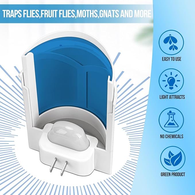 2 Flying Insect Trap & 8 Refills, Plug in Fruit Fly Traps for Indoors, Bug Catcher for Mosquitoes, Moths, Fruit Flies, Gnat Traps for House Indoor | Safe Blue & UV Light Attraction