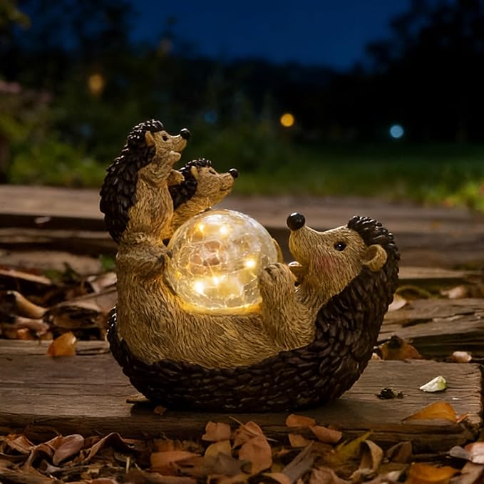 SOFFEE GARDEN Solar Hedgehog Statue with Ball Lamp, 9x5x9 Inch Outdoor Garden Decor, Cute Resin Animal Figurine for Yard Pathway & Patio Lighting