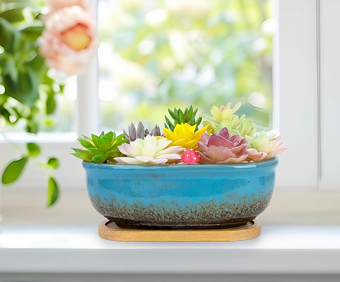 ARTKETTY Succulent Pots, 1 Rectangle Planter + 1 Ceramic Bonsai Pot with Drain Tray, 2 Pack Large Shallow Succulent Planters for Indoor Plants, Round Cactus Flower Plant Pot for Desk Windowsill Decor