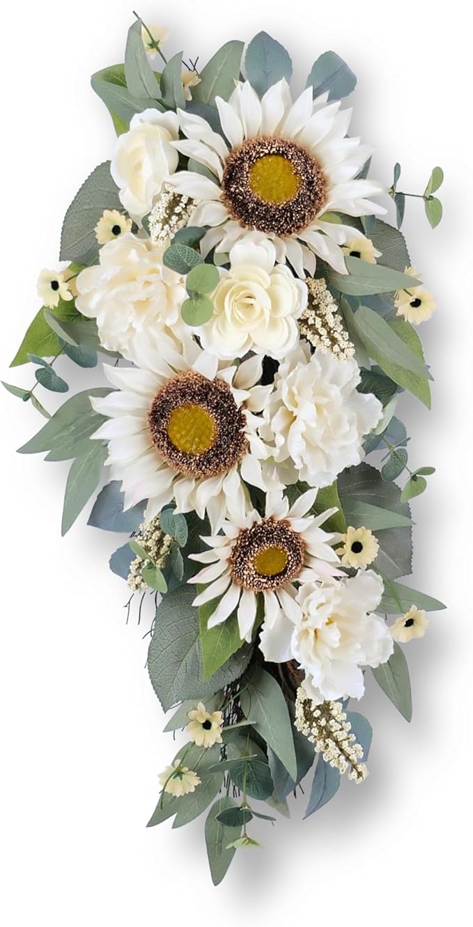 Summer Swag - 28” Sunflower, Peony, Rose Teardrop Swag for Front Door, Porch Wall, Window - Artificial White Flowers Teardrop Wreath for Home Spring, Summer, Fall, All Seasons, Everyday Decor (1)