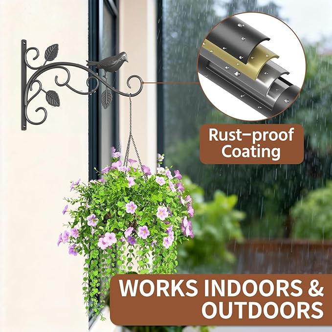 LASZOLA 4 Pack 12 Inch Hanging Plant Brackets, Heavy Duty Iron Wall Hooks with Decorative Bird and Leaf, Rust Proof Metal Outdoor Fence Hangers for Bird Feeders, Planters, Wind Chimes, Lanterns, Black
