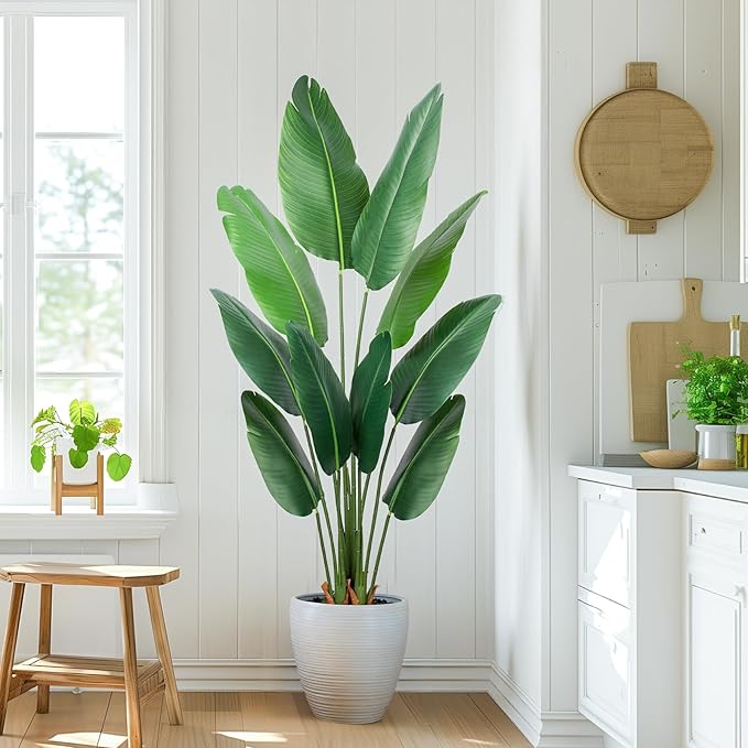 Artificial Bird of Paradise Plant 5 Ft Tall Fake Banana Leaf Plant for Indoors and Outdoors,Faux Palm Tree with Plastic Pot for Office and Home Decor,L160