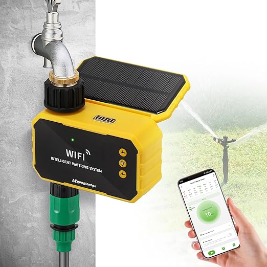 Moongiantgo Solar WiFi Water Timer with Brass Inlet, App Control Smart Outdoor Timer Sprinkler Controller with Rain Delay, Automatic Watering System for Outdoor Cooling Garden Patio Yard Watering