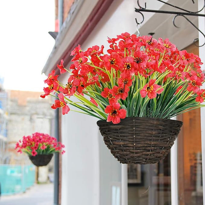 JEMONG 20 Bundles Artificial Flowers Outdoor UV Resistant Fake Flowers No Fade Faux Plastic Plants Garden Porch Window Box Decorating (Deep Red)…