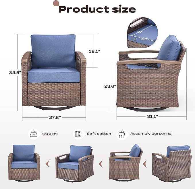 Rilyson 4 Piece Outdoor Patio Swivel Rocking Chairs, All Weather Wicker, Metal Armrest, Deep Seating, Thick Comfortable Cushions, Ideal for Deck Porch Backyard, Brown/Blue