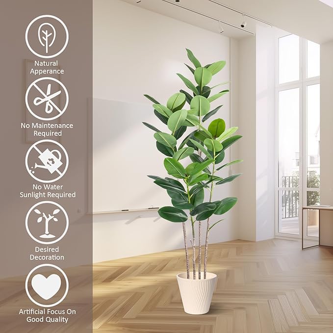 Artificial Rubber Tree 6FT Tall Faux Ficus Tree with Potted Fake Tropical Plant Decorative House Plants Large Floor Plants Artificial Trees for Home