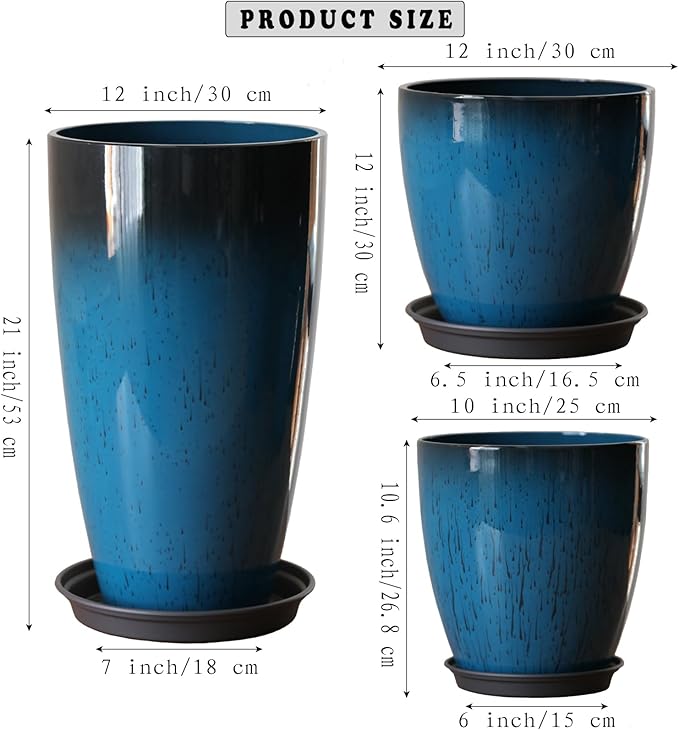 SE SUN-E Large Plastic Planters with Tray 11"/12"/21" H Set of 3 for Indoor Outdoor Lightweight Use, Decorative Flower Pots Tall Plant Pot of Garden, Patio, Front Porch Corner Blue Color Round