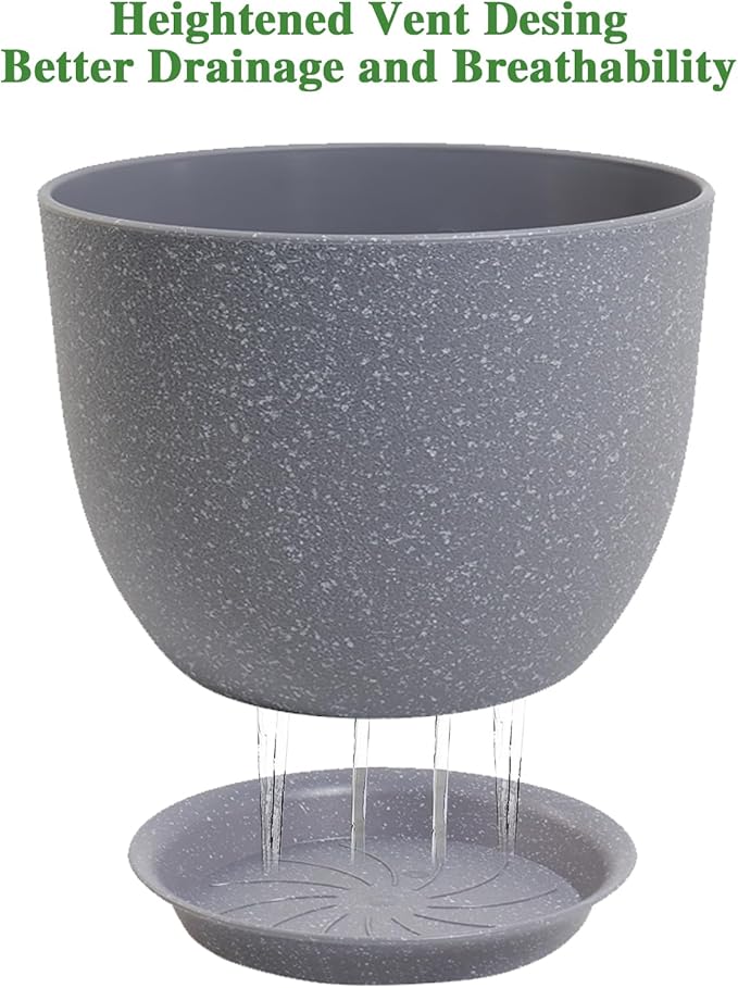 UOUZ 12inch Large Plant Pot, Modern Plastic Planter with High Driange Holes and Saucer for Indoor Outdoor Garden Plants and Flowers, Grey Speckles