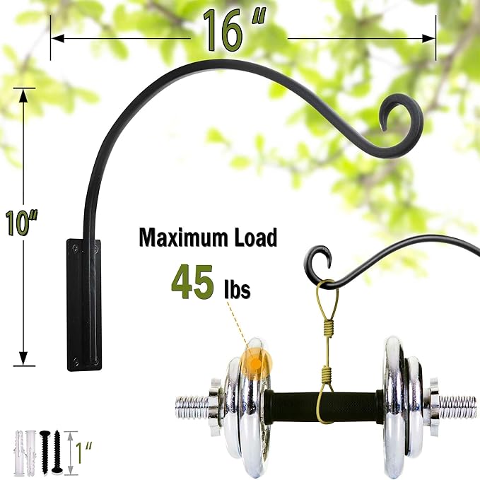 Lifyzoon Heavy Duty Plant Hanger Bracket (16"/Black), 45lbs Weight Capacity - Outdoor Hand-Forged Hanging Plant Bracket Durable and Stable Bird Feeder Hanger