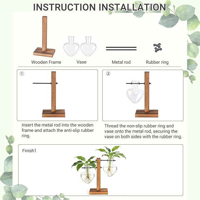 Mkono Heart Shaped Propagation Station with Wood Stand, Glass Hydroponic Planter Desktop Plant Terrarium for Home Office Decor, Gifts for Plant Lovers - 2 Love Bulb Pot Vase