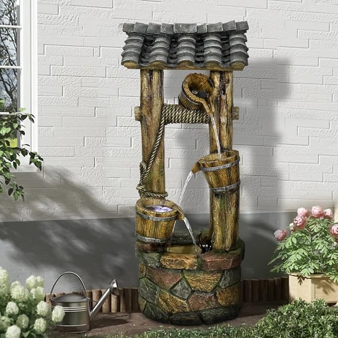 Wishing Well Water Fountain, 39.3inches Rustic Outdoor Water Fountains - Outdoor Cascading Waterfall with Buckets, Pump & Lights for Backyard Patio Decor