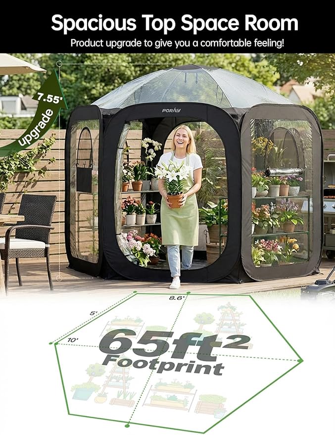 Porayhut Pop Up Greenhouse Tent,Portable Large Walk-in Plant House 10’X10’ ,Indoor Outdoor Gardening Plant Sunshine Room with PVC Mesh Cloth Cover for Protecting Plant from Cold Frost & Birds