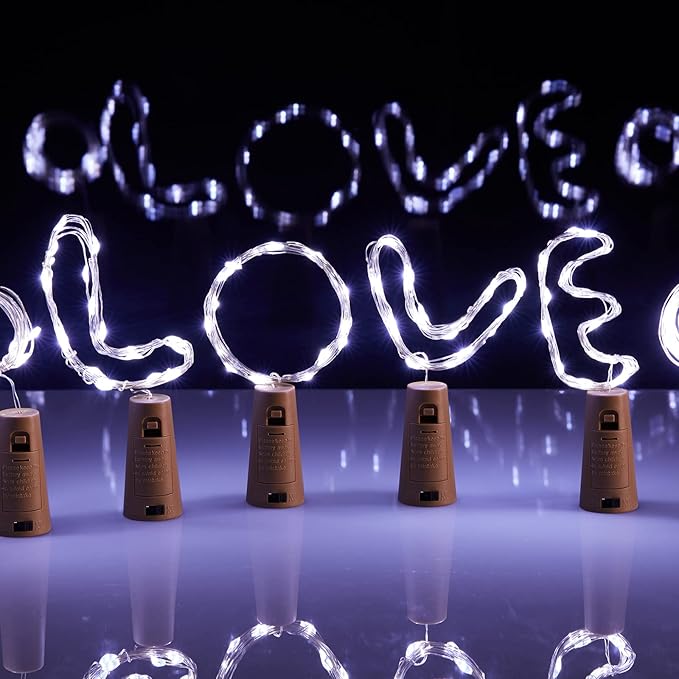 Brightown Wine Bottle Lights with Cork, 10 Pack 20 LED Waterproof Battery Operated Cork Lights, Silver Wire Mini Fairy Lights for Liquor Bottles DIY Party Christmas Wedding Décor, Pure White
