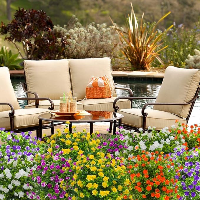 Grunyia 10 Bundles Artificial Fake Flowers, Faux Outdoor Plastic Plants UV Resistant Shrubs Outside Indoor Decorations (Yellow-Eucalyptus)