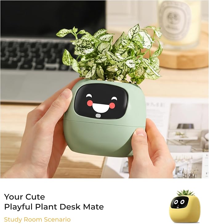 Ivy AI Smart Plant Pot with Emoji Intelligent Planter Robot for Houseplants Tamagotchi Flower Pot Stylish Plantagotchi Home Decor(Mint)