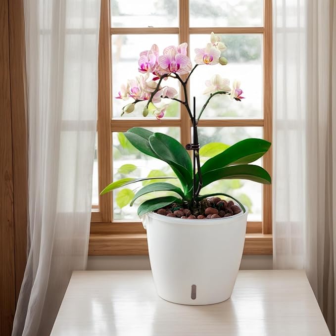 KvyusFlourish Self-Watering Pots for Indoor Plants, 8-Pack Self Watering Planter with Drainage Holes, Small African Violet Pots with Water Indicator, 5 Packs 5''/3 Pack 6.7'' Orchid Pot, White