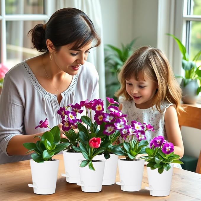 zople 12 Pack 4 Inch Self Watering Plant Pots with Drainage and Saucers，Plastic Flower Pots for Indoor and Outdoor Plants, Nursery Planters for Houseplants and Herbs White, 4 inch 12pcs