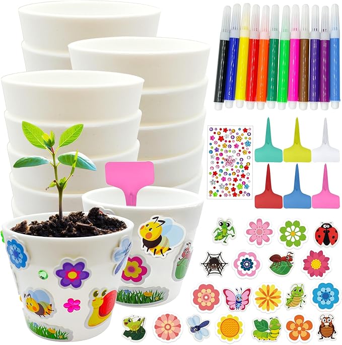 30 Set Garden Paper Pot Craft Kit，DIY Flower Plant Crafts with 216 Foam Stickers Watercolor Pens Plastic Plant Tags for Spring Summer Gardening Art Project Classroom Party Activities (Small)
