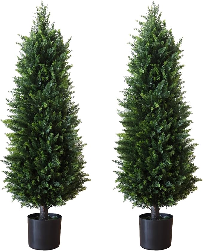 46 Inch Set of Two，Artificial Cedar Topiary Tree, for Indoor & Outdoor Decoration, UV Protection Potted Shrubs for Front Door, Beautiful and Lifelike Tree (46 Inch)