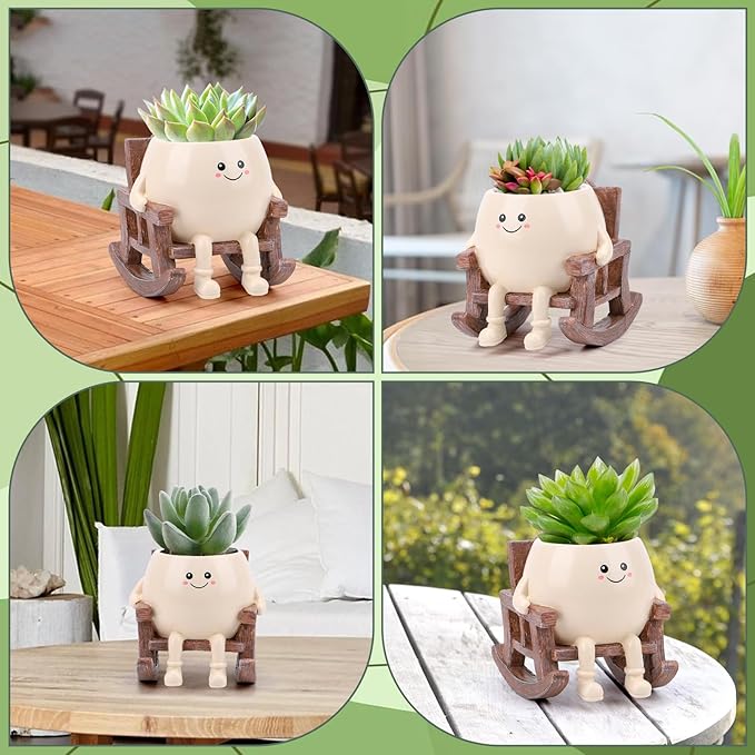 KIUGCO Smily Face Planter Pot, Cute Resin Flower Head Planters for Indoor Outdoor, Unique Sitting Rocking Chairs Succulent Pots, Cute Plant Gifts for Plant Lovers