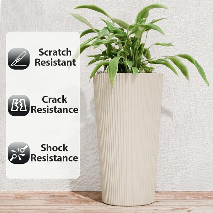 Diyfire Tall Outdoor Planter Set of 2-23.6" Large Striped Plastic Flower Pots, Decorative Indoor/Outdoor Planters for Porch, Patio, Balcony & Garden, Cream