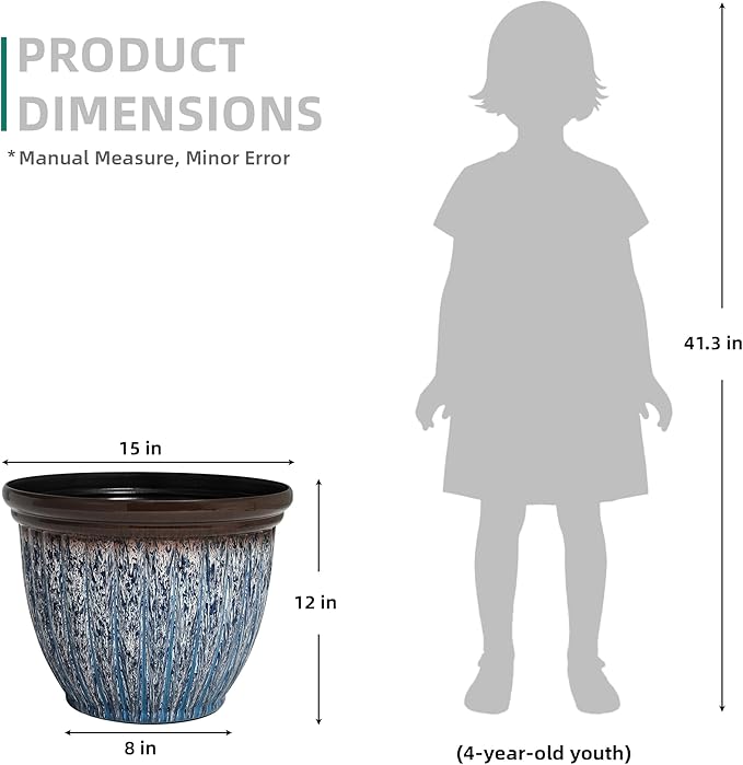 Ultym 15" D Large Flower Pots, 2-Pack Big Planters for Indoor Outdoor Plants, UV-Protect PP Container for Garden Patio Yard Balcony Porch or Home Decor, Artistic Floating Blue & Brown Glaze