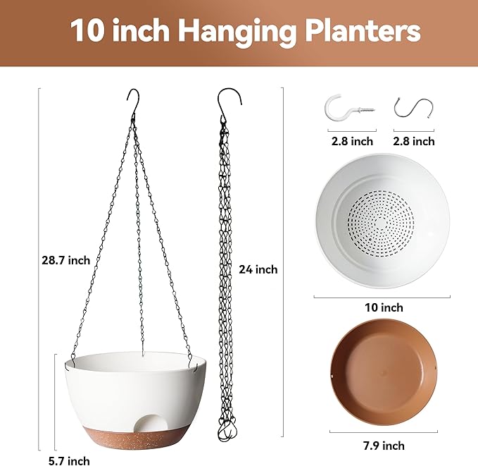 LESOASIS Hanging Planter for Indoor Plants, 10 Inch Self-Watering Hanging Planters with Drainage Holes and Chain, Set of 2 Outdoor Hanging Pots for Garden Home