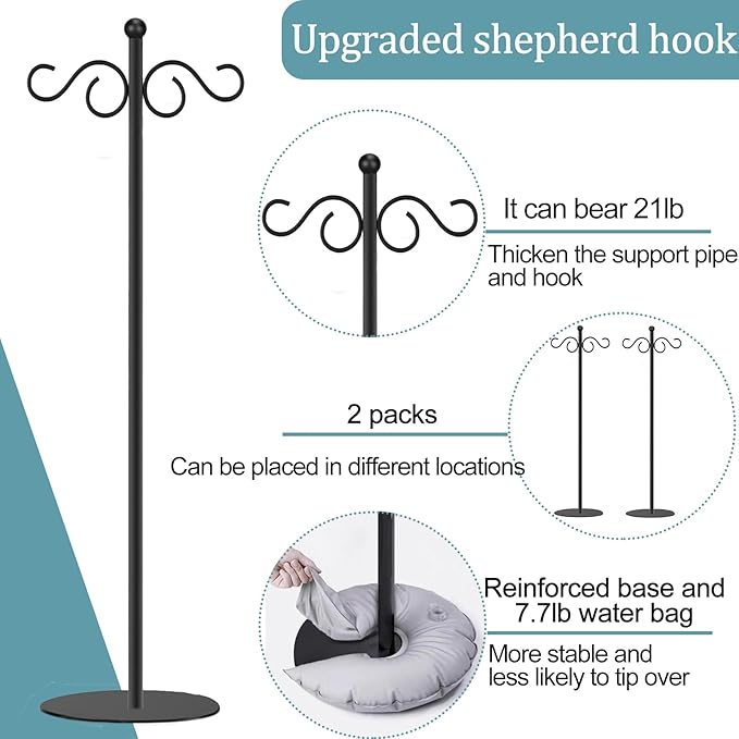 Vorriop 2 Set Shepherd's Hook Stand Plant，Bird Feeder，Wind Chime Hanger Stand, Waterproof Metal & Adjustable-Height Standing Pole Holder for Lantern and Wreath, Indoor & Outdoor