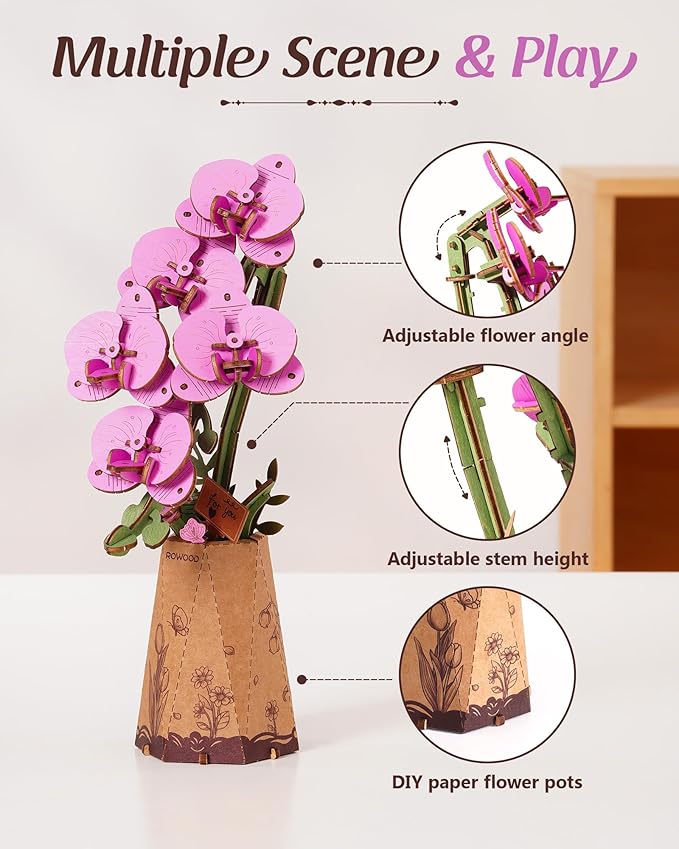 rowood Wooden Flower,3D Puzzles for Adults,Artifical Flower Botanical Collection Building Craft Kit,Mother's Day/Valentine's Day Purple Moth Orchid