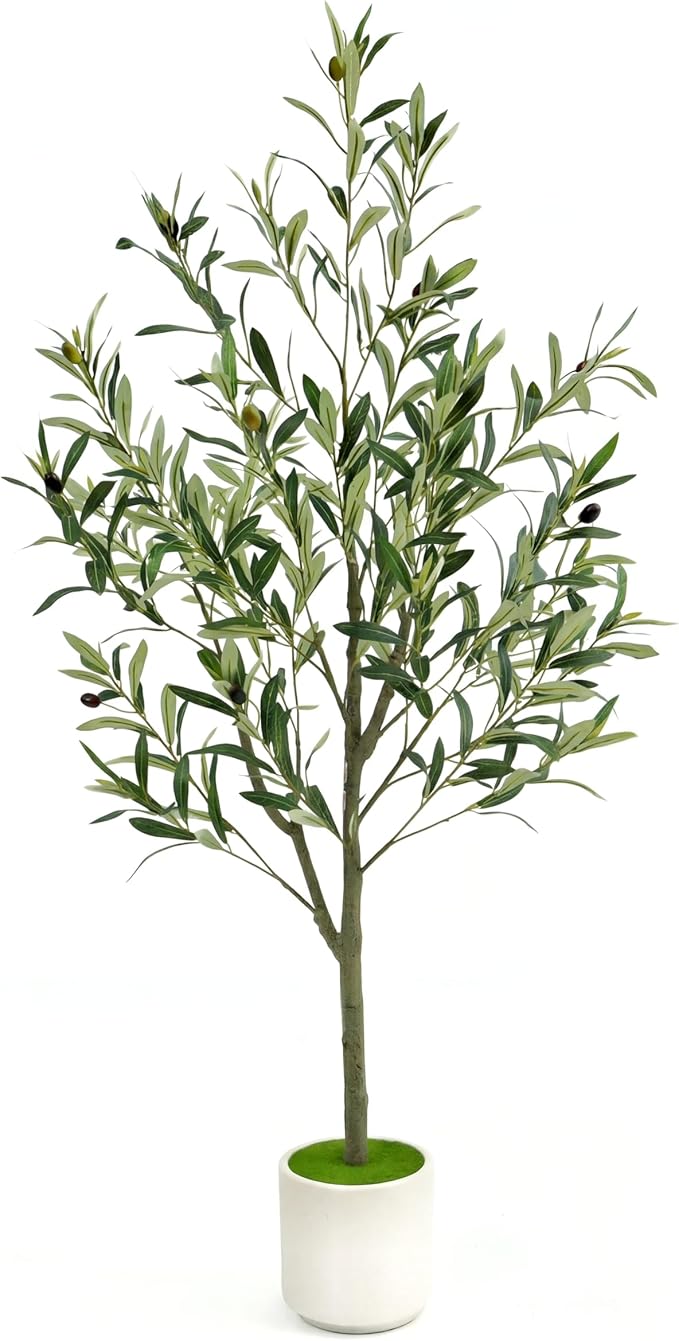 Fake Olive Tree 4ft with White Pot Realistic Trunk and Fruit Faux Olive Tree,Faux Trees Indoor Perfect for Home Office Living Room Décor