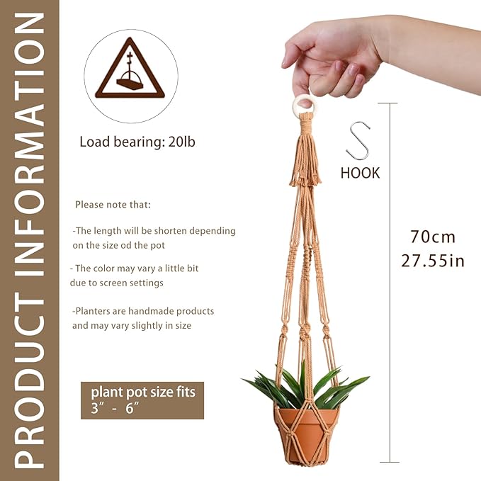 Artilady Plant Hanger Indoor Macrame Hanging Planters for Plants Holder Boho Brown Basket No Tassels Farmhouse Rustic Window Wall Decor (Brown Planter)